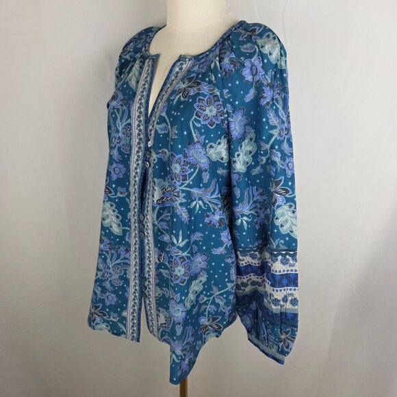 NWT! Sundance Arvilla Blue Floral Silk Cotton Blouse Small Balloon Sleeves Boho - Picture 6 of 11